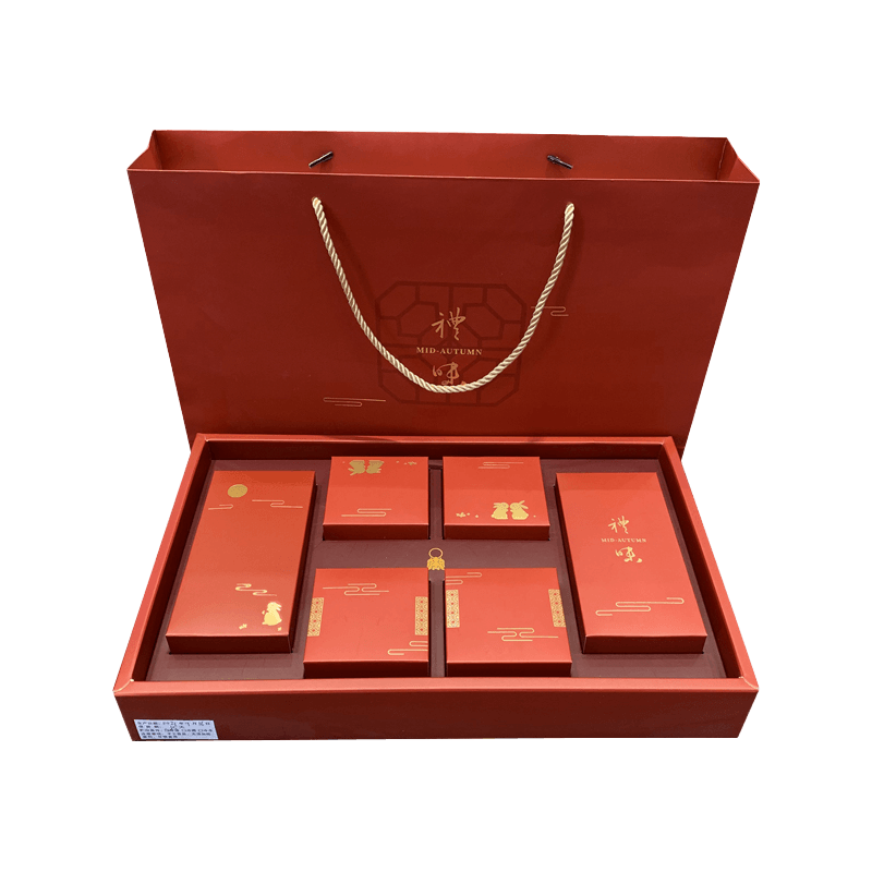 Vlastní papírové balení Mooncake Dárková krabička se sáčkem Sada dárkového balení červená pro festival poloviny podzimu pro 6 ks